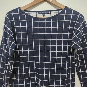 BROOKS BROTHERS Women's Black Grid Pattern Cropped Blouse 3/4 Sleeve Size S
